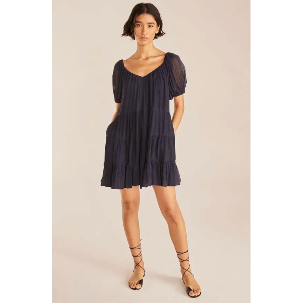 Rebecca Taylor Dress Womens Small Blue Silk Blend Puff Sleeve Tiered Romantic